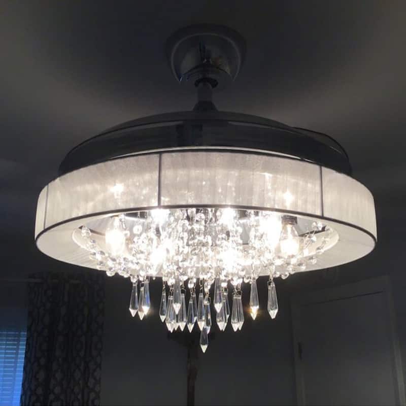 42" Chrome Modern Retractable Chandelier Ceiling Fan with Light and Remote - Silver