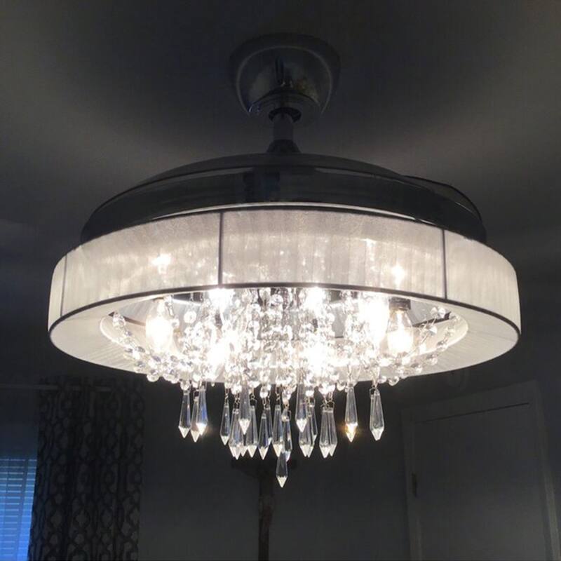 42-in Chrome Modern Retractable Chandelier Ceiling Fan with Light and Remote