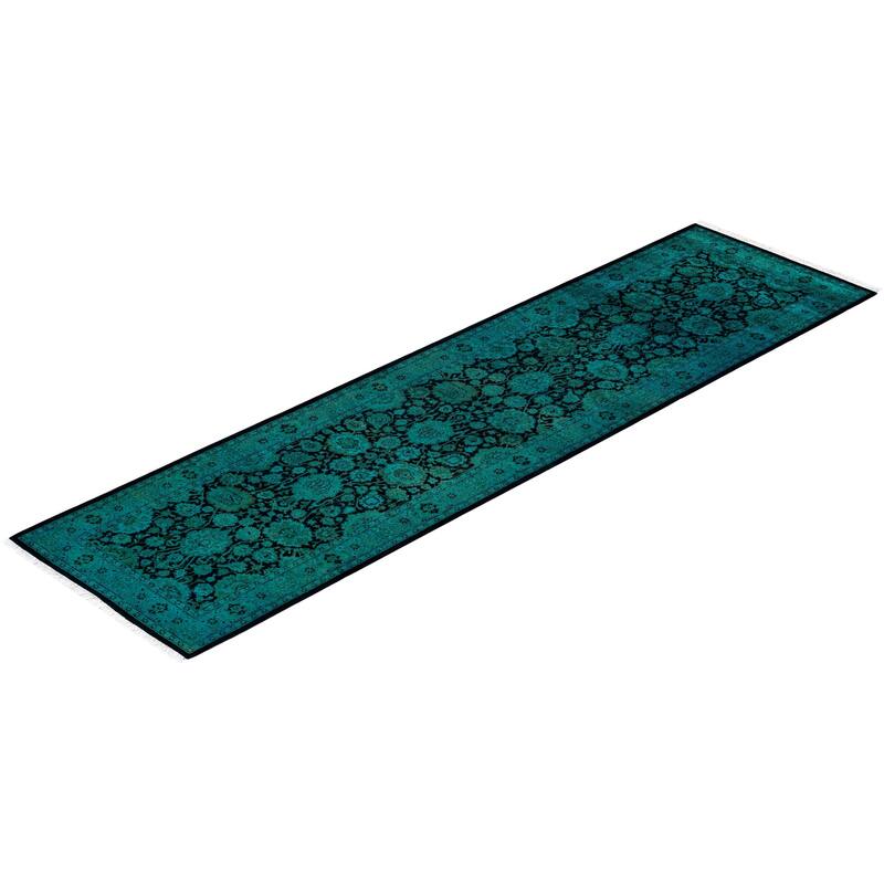 Overton Hand Knotted Wool Vintage Inspired Modern Contemporary Overdyed Green Runner Rug - 2' 7" x 9' 8"