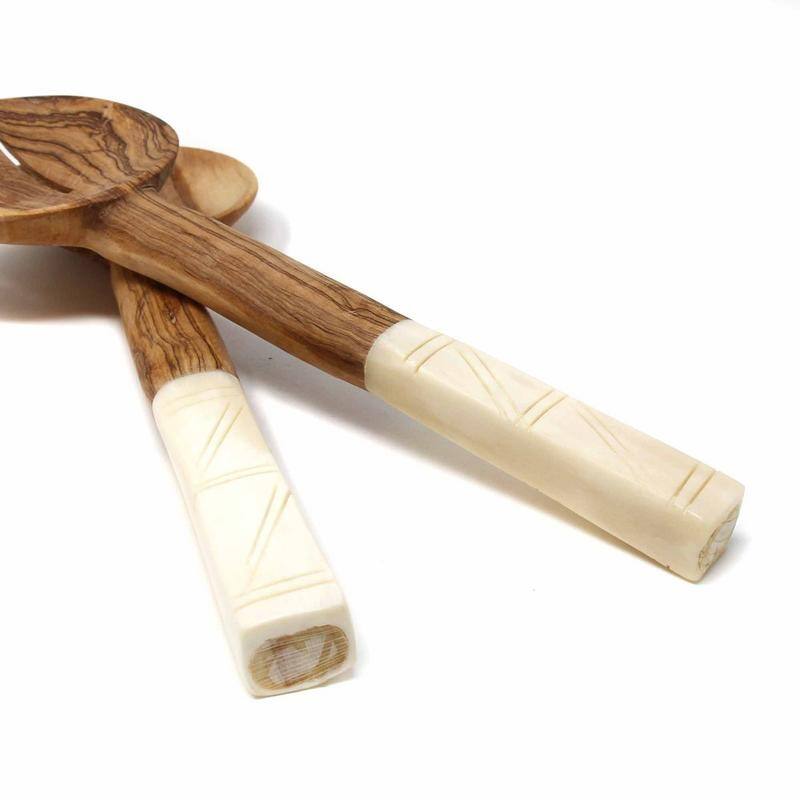 Handmade Olive Wood Serving Utensils with Natural Batik Bone Handles (Kenya)