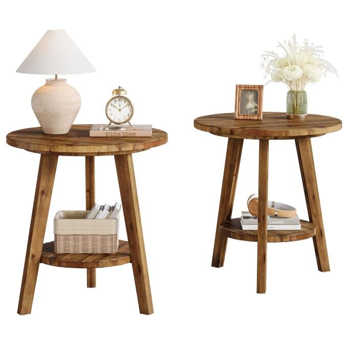 Solid Wood End Table, 2 Tiers Round Side Table, Farmhouse Nightstand - 2PCS - Brown