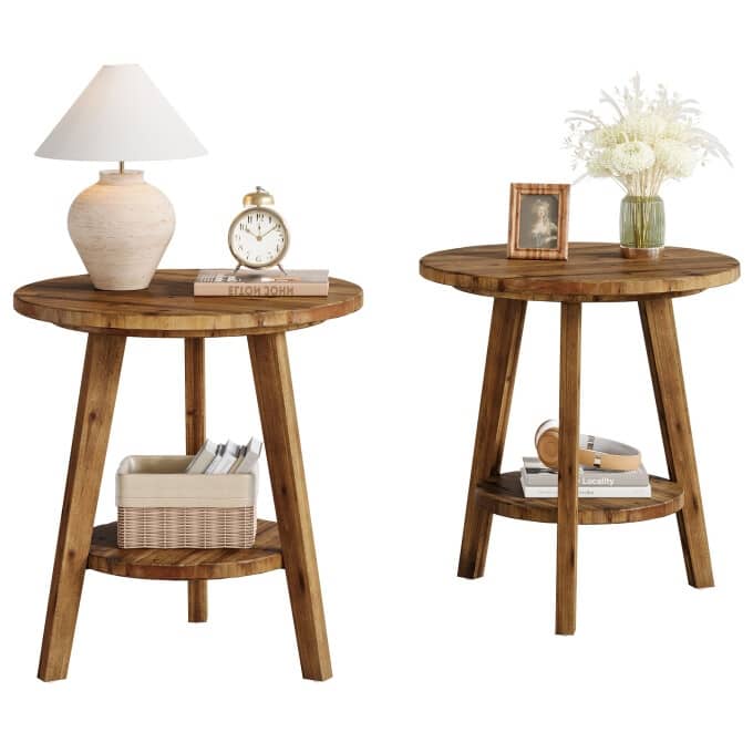 Solid Wood End Table, 2 Tiers Round Side Table, Farmhouse Nightstand
