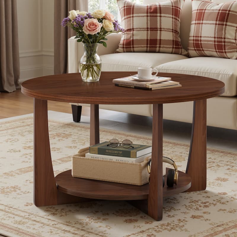 31.5" Round Coffee Table with Solid Wood Legs and 2-Tier Storage - 31.5"Dia x 17.72"H