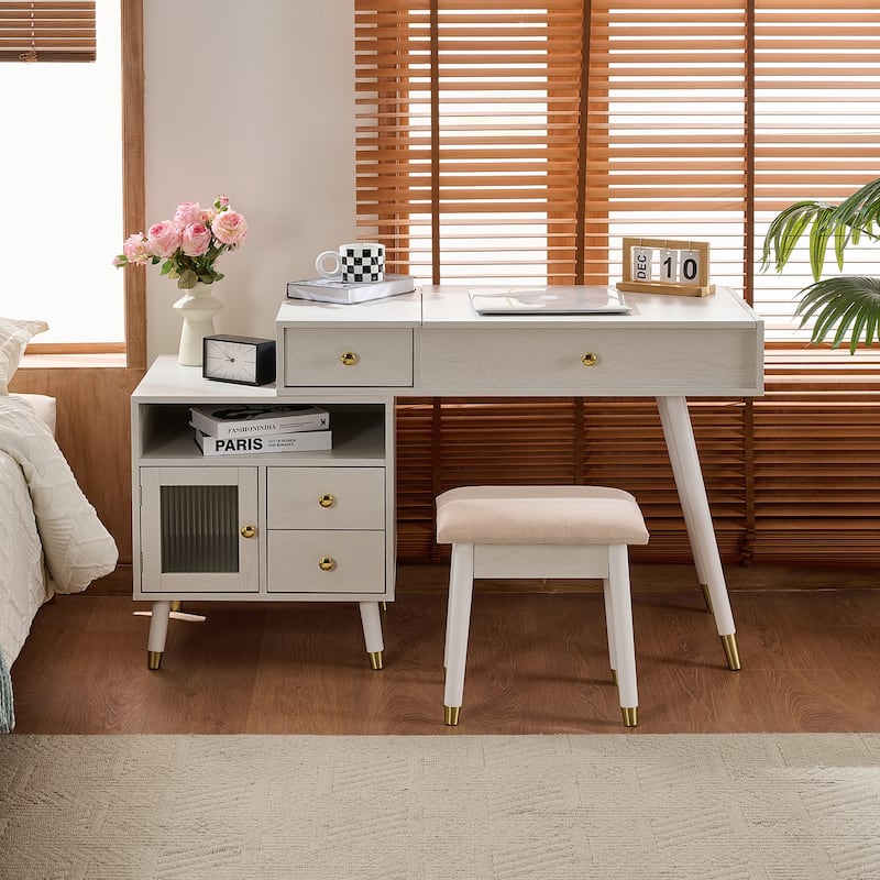 3-in-1 Vanity Desk with Lighted Flip-Top Mirror & Adjustable Cabinet, Makeup Dressing Table with Stool, Dresser with Drawers