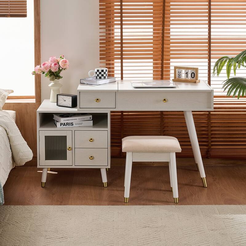 3-in-1 Vanity Desk with Lighted Flip-Top Mirror & Retractable Side Cabinet, Vanity Set with Stool & Storage Drawers