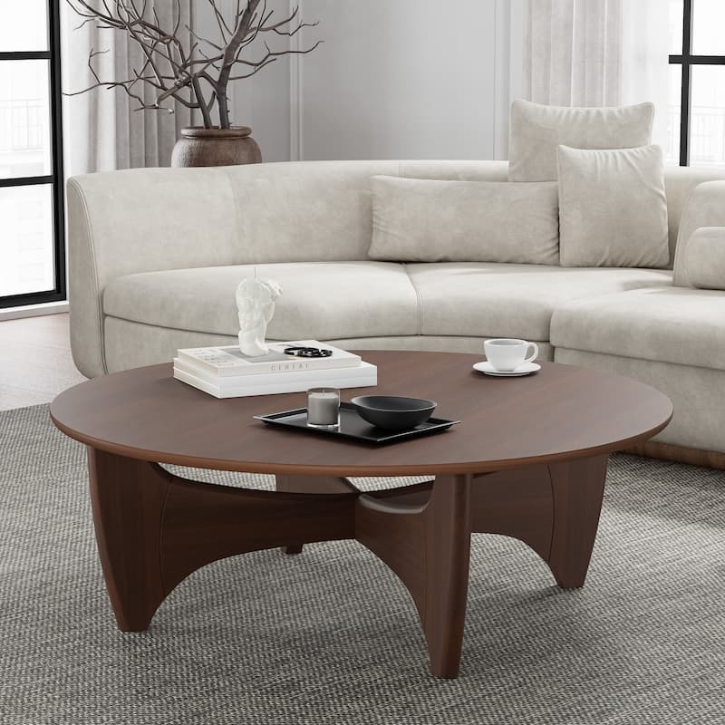 Round Modern Coffee Table Farmhouse Solid Wood Tea Table with Cross Sturdy Legs for Home Office Living Room - 16 in.H x 38 in.W