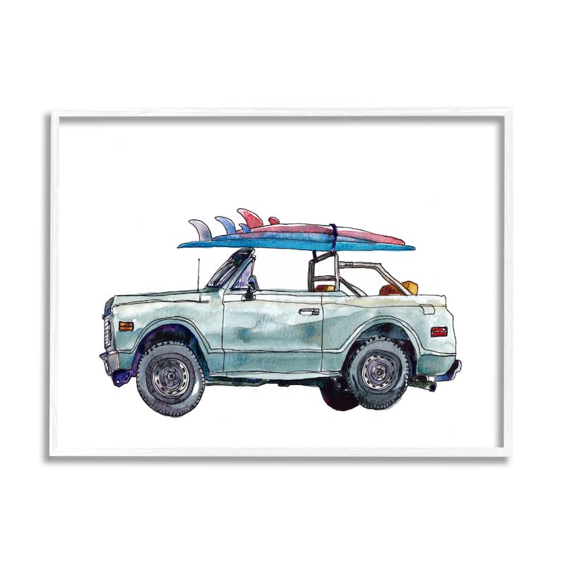 Stupell Retro Beach Cruiser with Surfboard Minimal Illustration Framed Wall Art - Blue - 24 x 30 - White