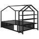 preview thumbnail 12 of 10, Black Full Size House Bed for Kids, Metal Montessori Floor Bed Frame with Fence for Boys, Girls, Detachable Storage Shelves