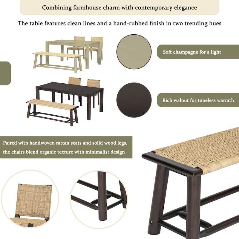 Modern Farmhouse Extendable Dining Table Set with Solid Wood Rattan Chairs, Expandable 59" to 73" for 4-8 Guests