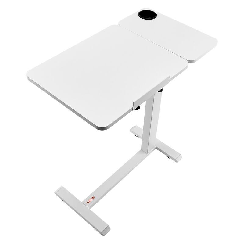 White Steel Adjustable Overbed Table with Hydraulic Lift, Flip Top and Casters