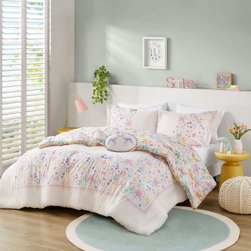 3 PCS Twin Floral Reversible Cotton Comforter Set with Throw Pillow Purple - Purple