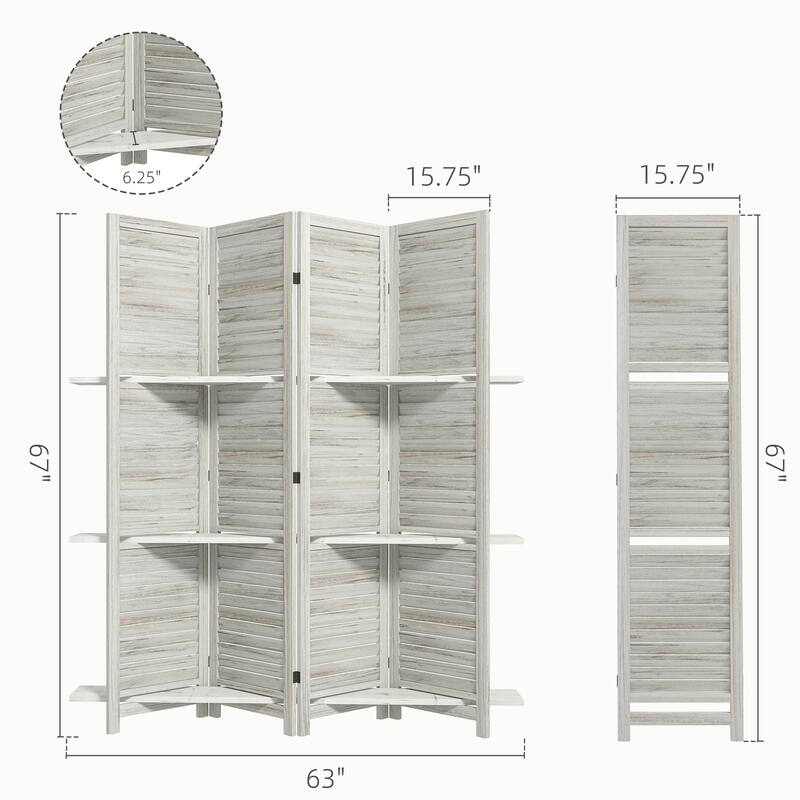 HOMCOM 4 Panel 67" Tall Wood Room Divider, Privacy Screen with 3 Display Shelves, and Folding Storage for Bedroom or Home Office