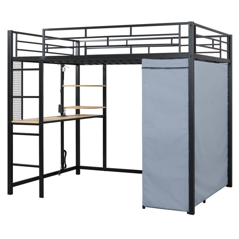 Full Size Metal Loft Bed with Workstation Desk, Built-In Shelves, LED Light Strip, Power Outlet & Hanging Wardrobe Storage