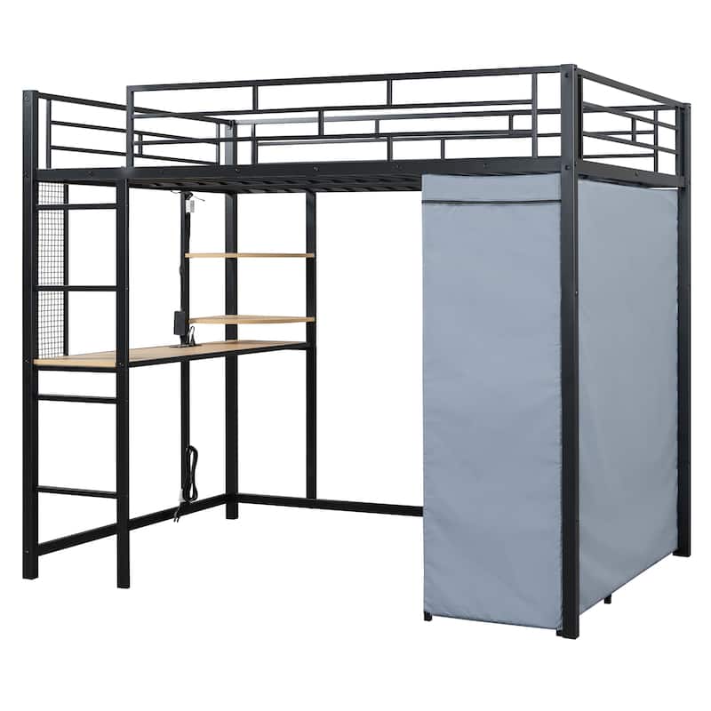 LED Twin Metal Loft Bed Heavy Duty Bed with Desk, Shelves, Power Outlet