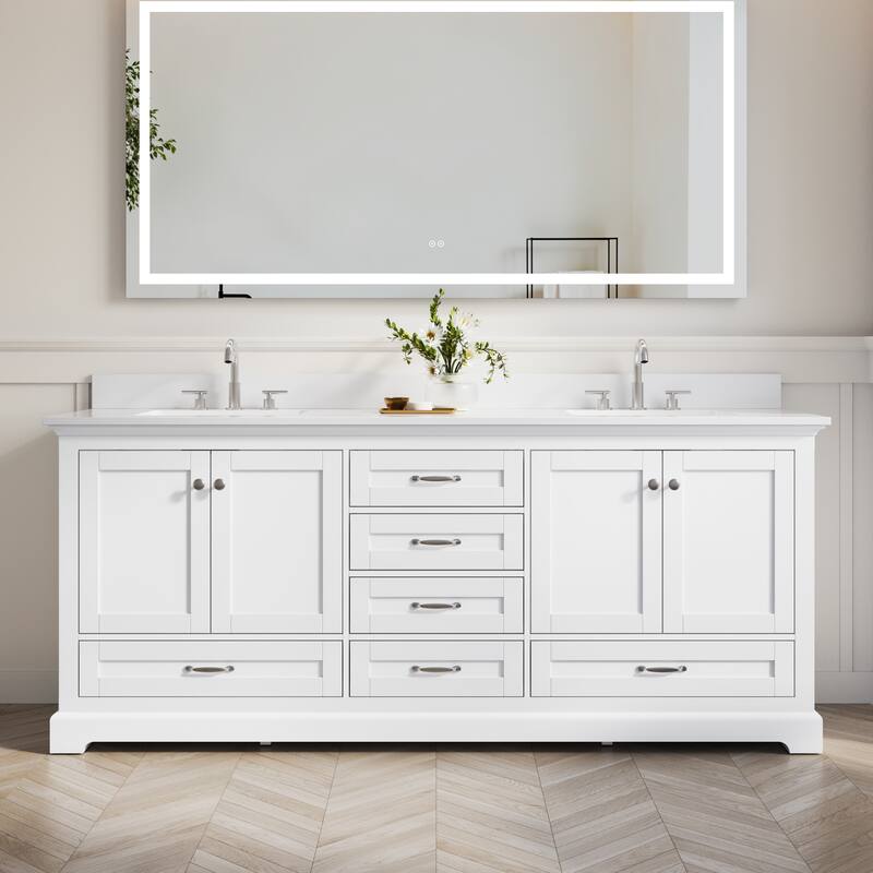 80''W Solid Wood Frame Bathroom Vanity With Pure White Culutered Marble Countertop And Double Sink