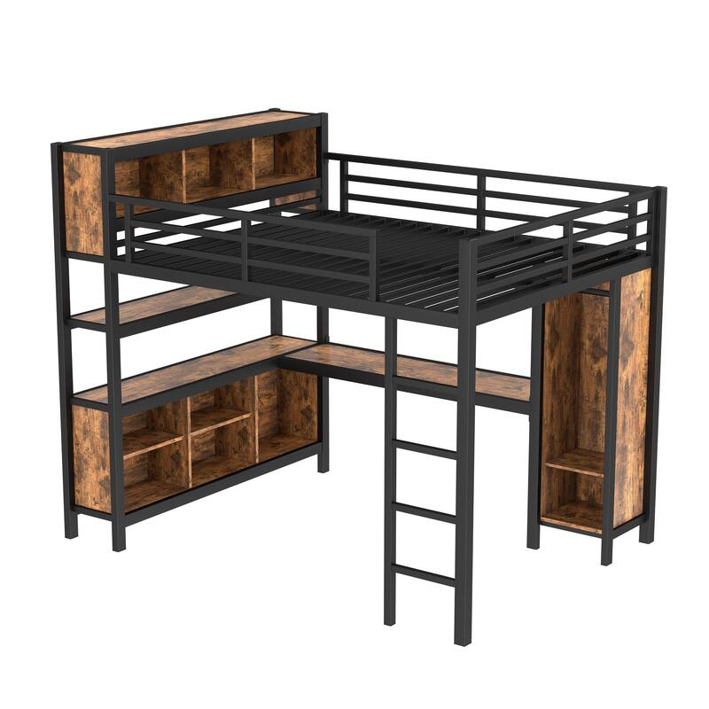 Queen Size Metal Loft Bed with Wardrobe, L-shaped Desk, and Storage Shelves