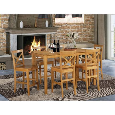 Rubberwood 7-piece Dining Room Pub Set with a Table and 6 Chairs - Oak Finish