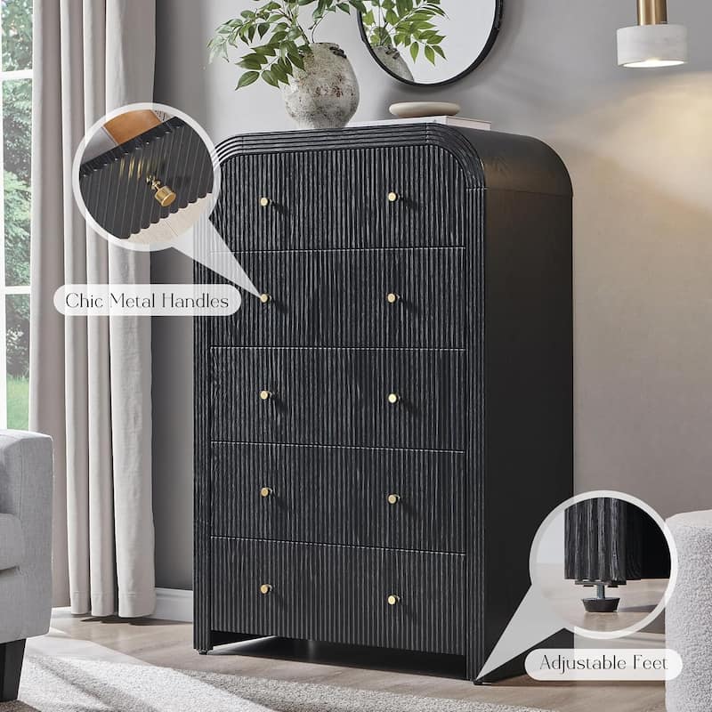 Modern Fluted 5 Drawers Dresser, Wood Chest of Drawers for Bedroom