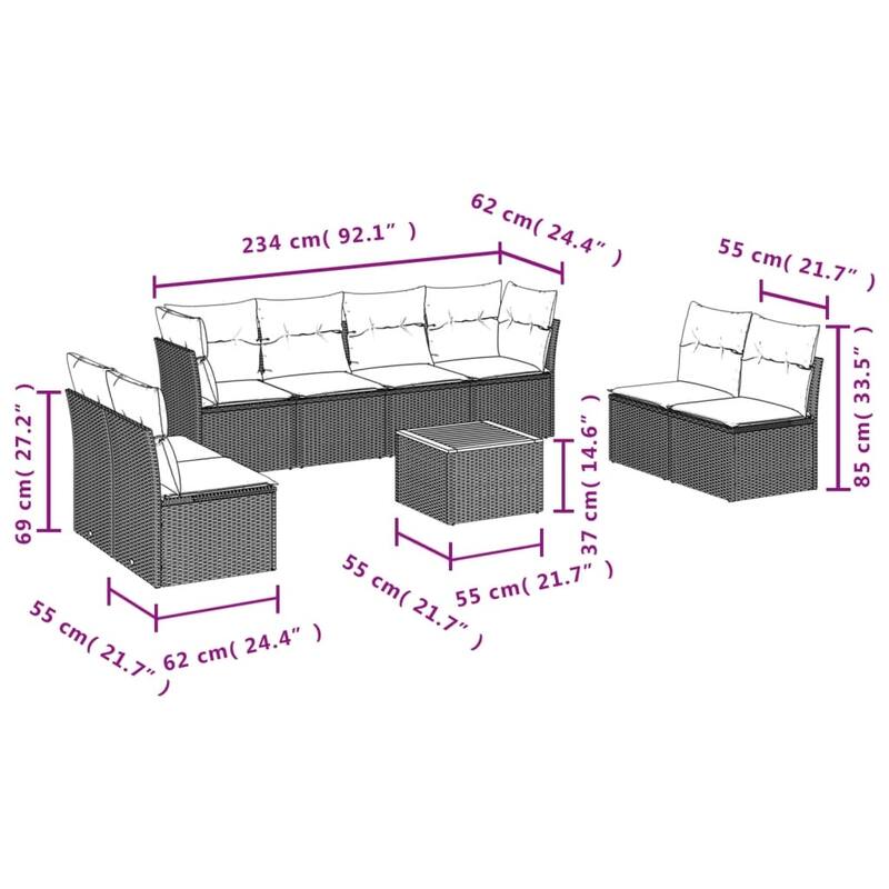 vidaXL 9 Piece Patio Sofa Set with Cushions Black Poly Rattan - 92.1x33.5x48.8