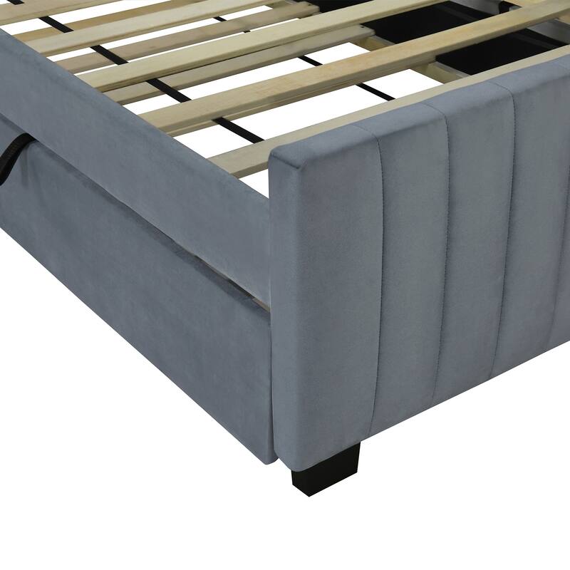 Wood Platform Bed Frame Velvet Upholstered Panel Bed with Wheel Pull-out Trundle Bed, Bedroom Furniture