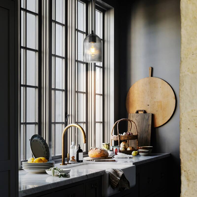 1-Light Modern Rustic Black/Gold Metal Island Pendant Light with Textured Grey/Clear Glass Bell Shade