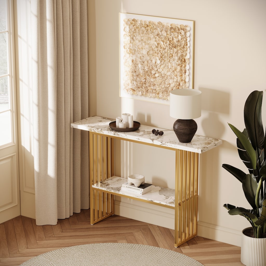 Modern Luxury Gold Metal Frame Console Table, Chic Entryway Table with Storage Shelf for Living Room Decor