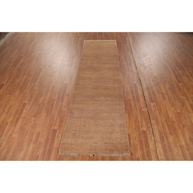 Gabbeh Modern Runner Rug Handmade Solid Brown Wool Carpet - 3'0"x 10'1"