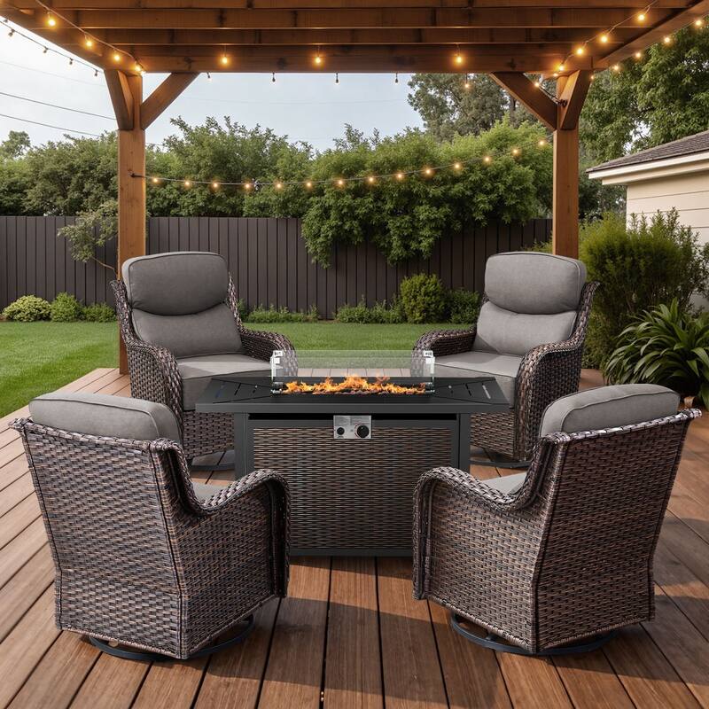 Arcadia 5-Piece Wicker Patio Set with 4 Swivel Glider Chairs and All-Iron Fire Pit