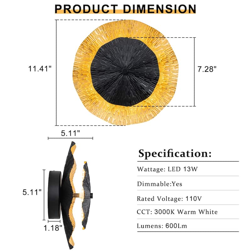 Matte Black & Gold Foil Round Dimmable Integrated LED Wall Sconce
