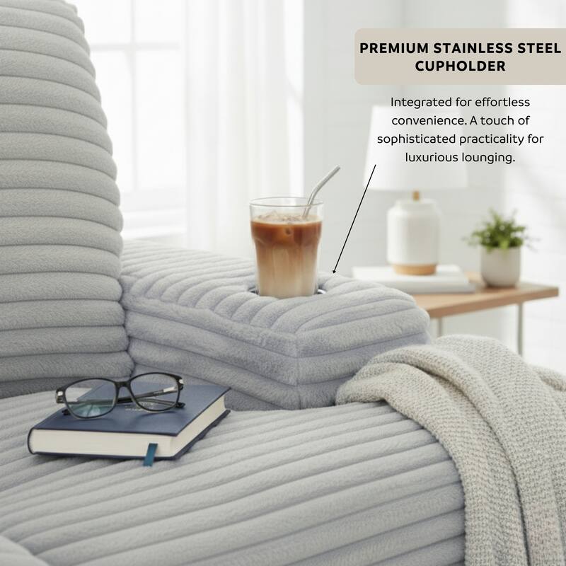 Cocoon Faux Fur Corduroy Oversized Chaise Lounge with Cupholders and USB/USB-C