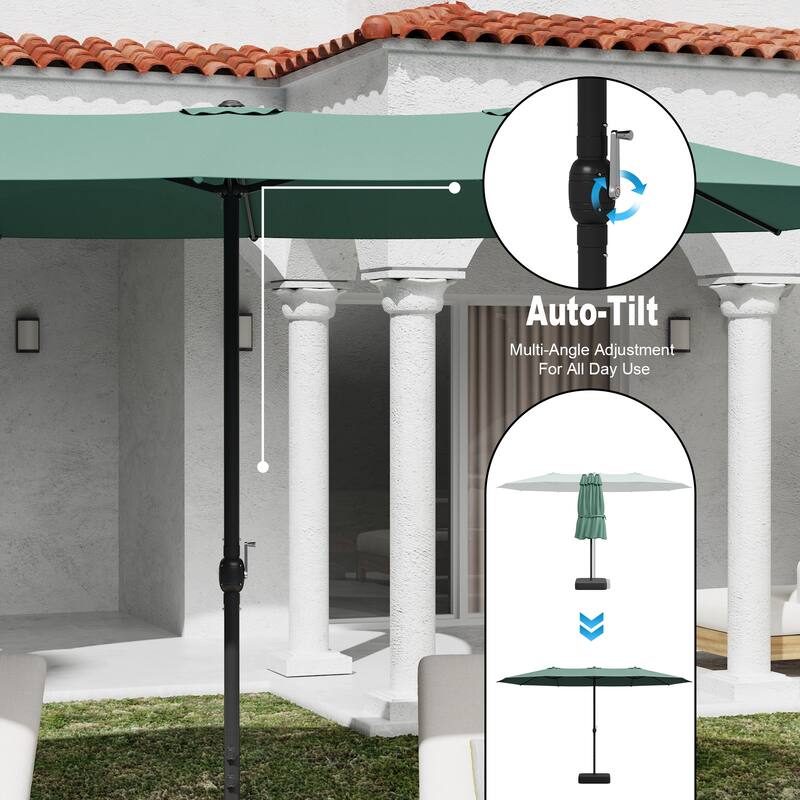 15ft x 9ft Double Patio Umbrella with Base and Sandbags, Extra Large Twin Outdoor Market Umbrella with Auto Tilt, 180g Polyester