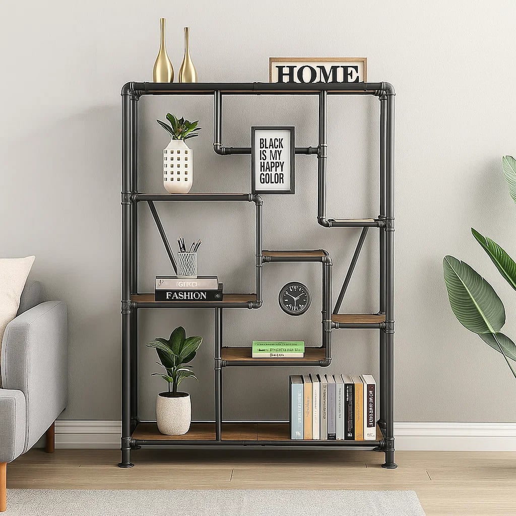 8-Tier Water Pipe Design Bookshelf, Brown and Gray