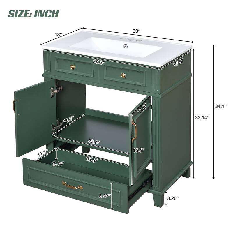 30'' Bathroom Vanity with Ceramic Sink Bathroom Storage Cabinet with one Drawer and Soft Closing Doors