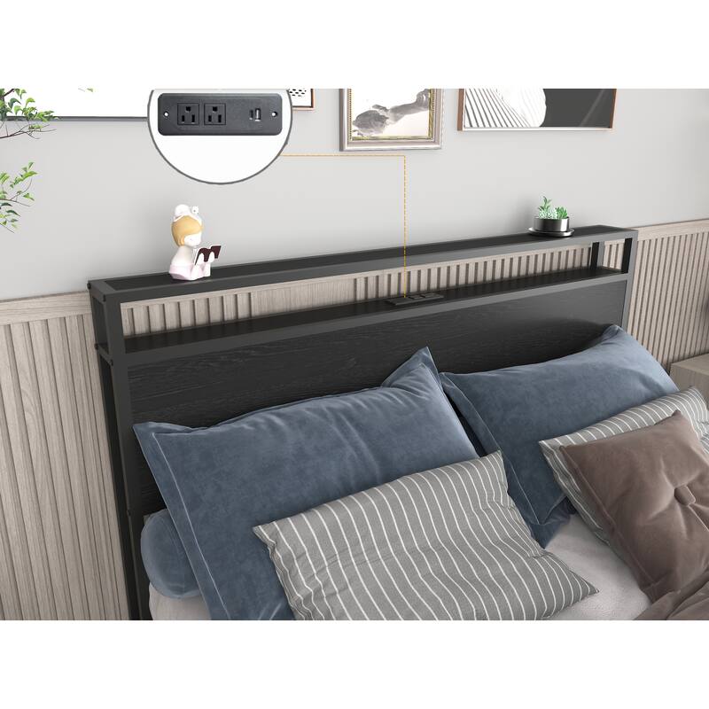 King Size Platform Bed with LED Lights And Charging Station , 4 Drawers, RGB Headboard Lighting, USB Ports