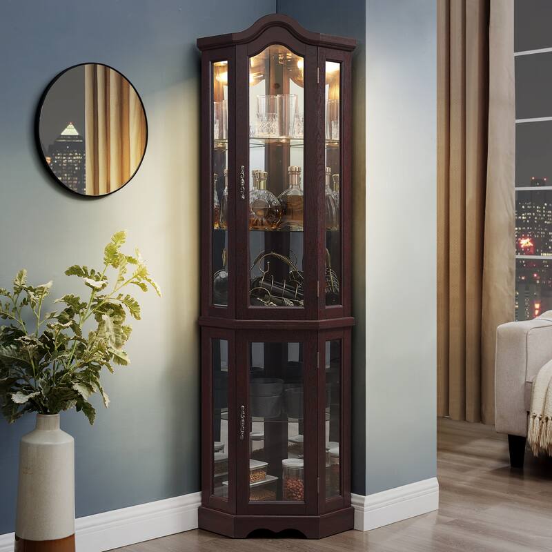 Lighted Glass Display Curio Cabinet, Curved Wood Corner Cabinet, China Cabinet with Tempered Glass Doors & Shelves