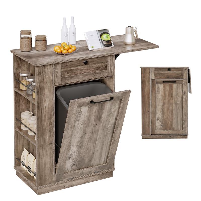 Moasis Tilt Out Trash Can Cabinet with Storage Drawer & Drop Leaf
