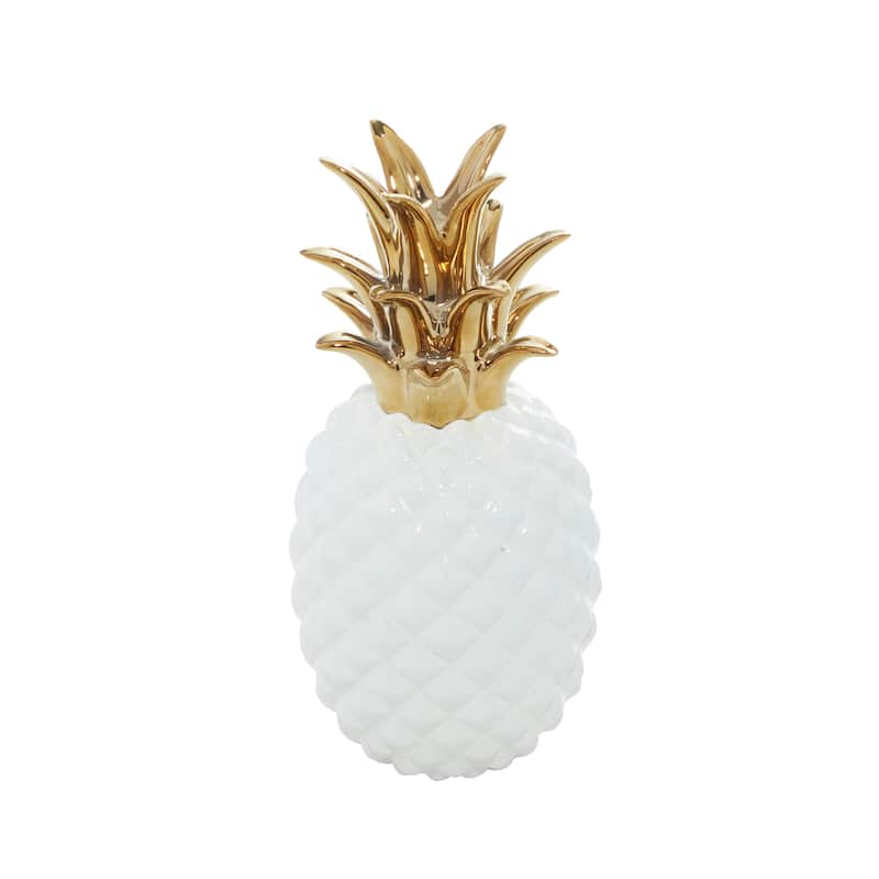 CosmoLiving by Cosmopolitan White Porcelain Ceramic Faceted Pineapple Fruit Decorative Sculpture with Gold Leaves