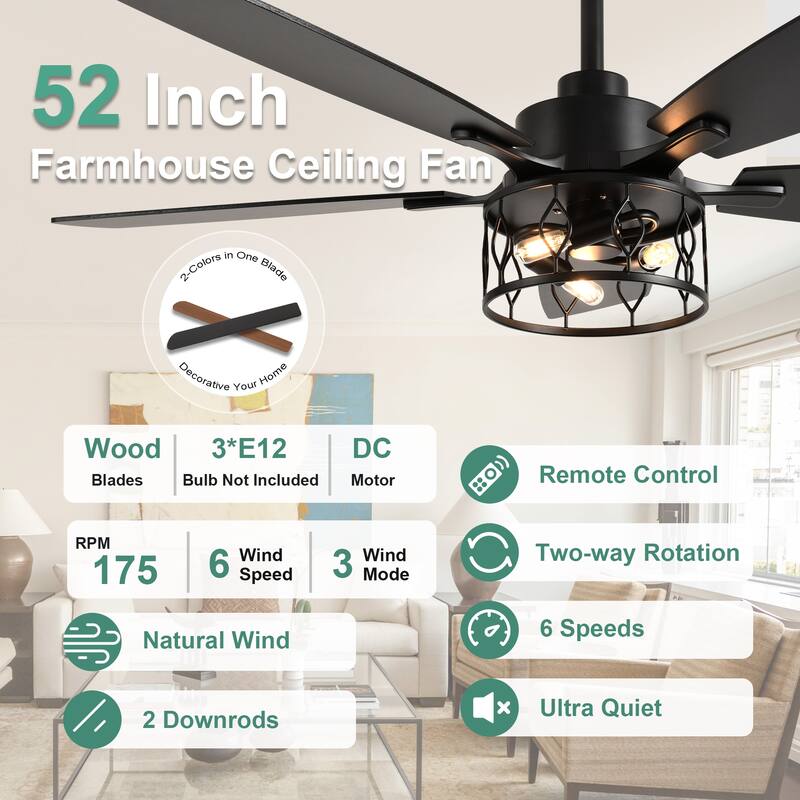 Cusp Barn 52 Inch Industrial Caged Ceiling Fan with Light and Remote, Farmhouse Quiet DC Motor Reversible Chandelier Ceiling Fan