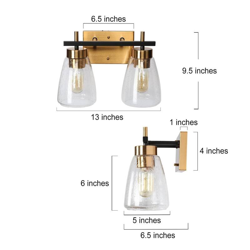 Modern Industrial Black 2-Light Bathroom Vanity Lights with Seeded Glass for Powder Room - L 13" x W 6.7" x H 8.7"