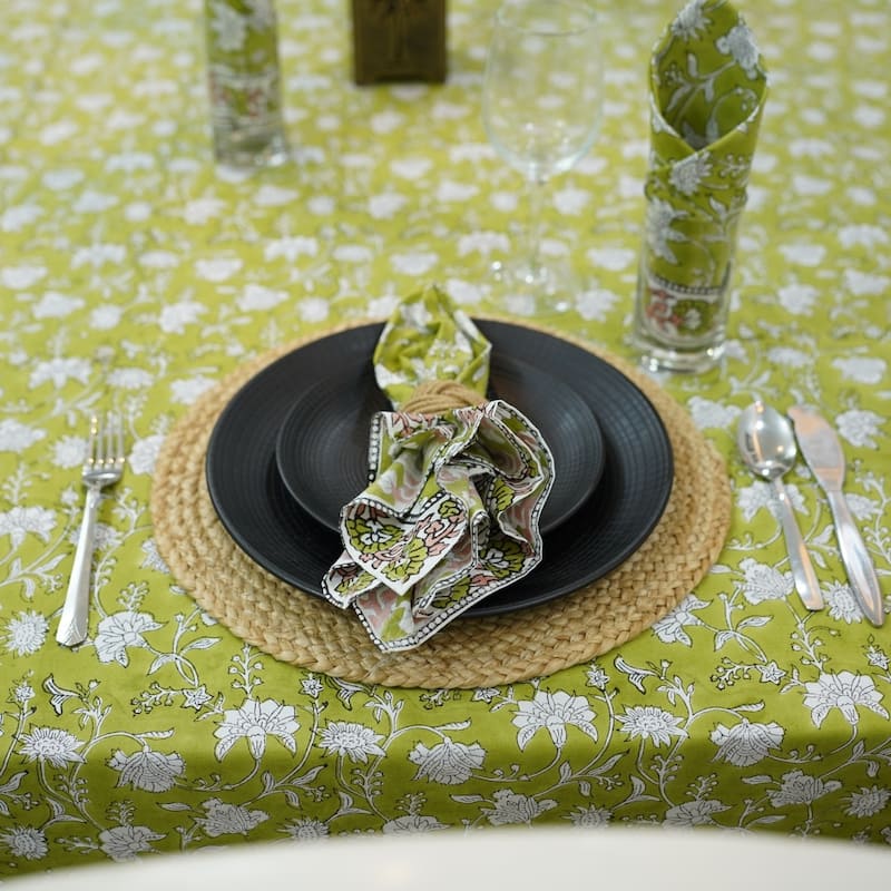 Fabdivine Floral Cotton Table Cover or Cloth Handmade Block Print for Dining & Home Décor Accent