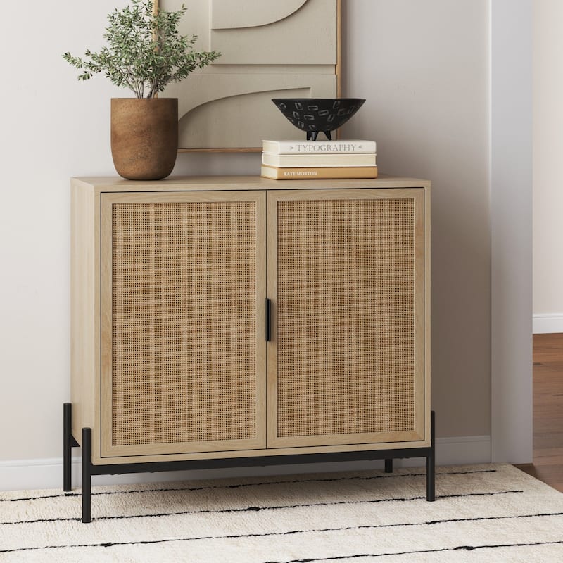 Andrew Bohemian Entryway Storage Cabinet or Kitchen Sideboard Credenza, TV Stand or Rattan Accent Cabinet with Metal Legs - Single