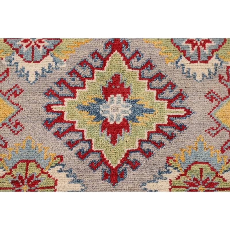 Grey Geometric Kazak Oriental Area Rug Hand-Knotted Wool Carpet - 5'1" x 6'7"