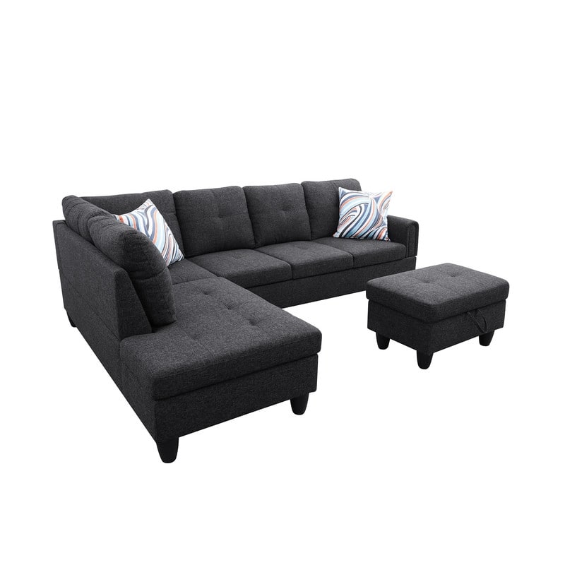 Durable 3PC Sectional Sofa with Double Spring Support, Breathable Fabric, Storage Ottoman