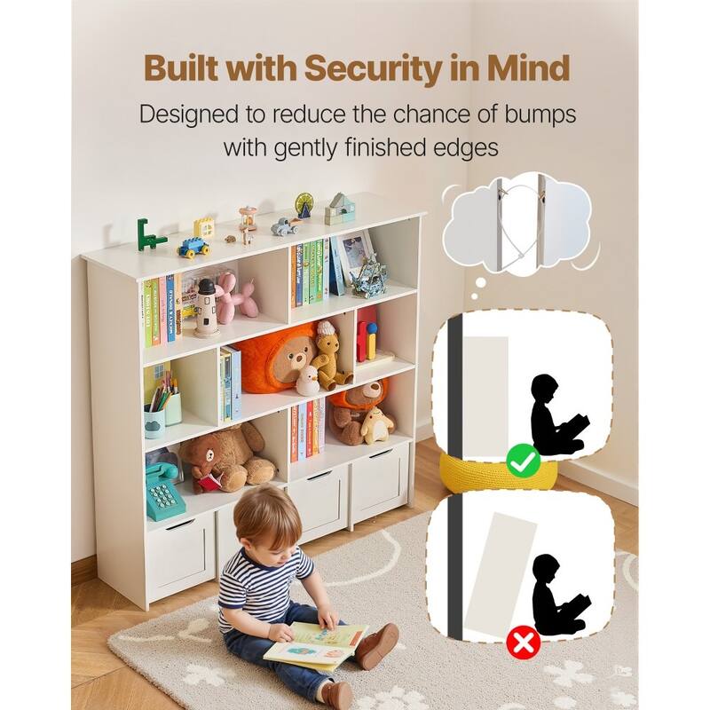 Brown Wooden Toy Storage Organizer with 11 Compartments and 4 Drawers - 49.41 x 12.99 x 46.46 in