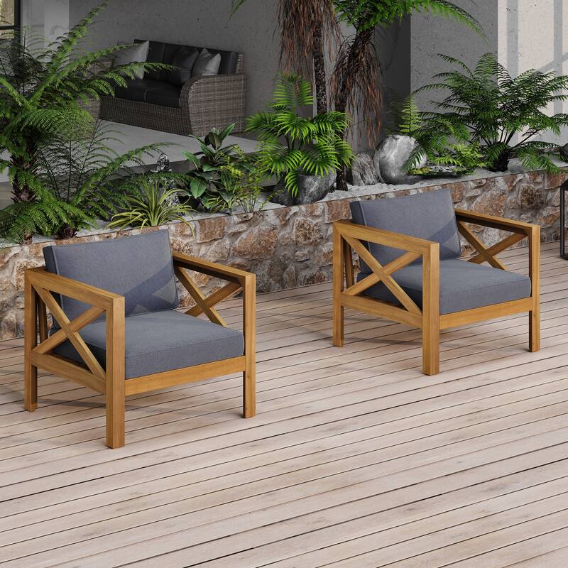 Roomfitters Patio Conversation Set, 2 Outdoor Armchairs with Cushions & Selma Acacia Wood End Table, Teak Finish