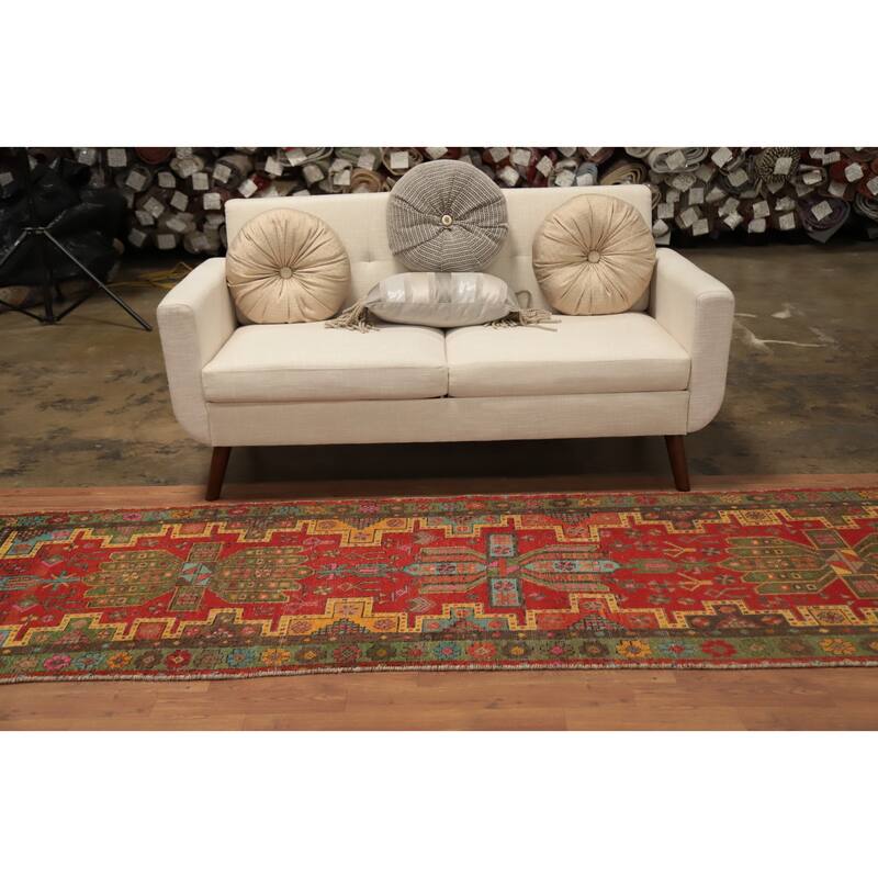 Hand Knotted Oriental 100% Wool Carpet Traditional Geometric Red Tabriz Runner Rug - 10' 7'' X 3' 1''