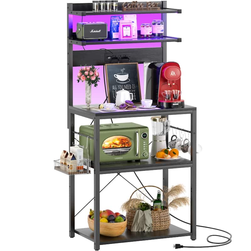 Bakers Rack Kitchen Storage Shelf with Power Outlets and RGB LED Lights,5 Tiers Coffee Bar Station,Microwave Stand