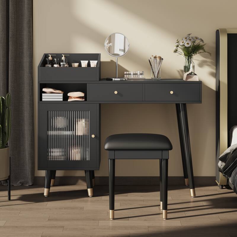 Modern Makeup Vanity Desk with Drawers, Cabinet and Charging Port - Black