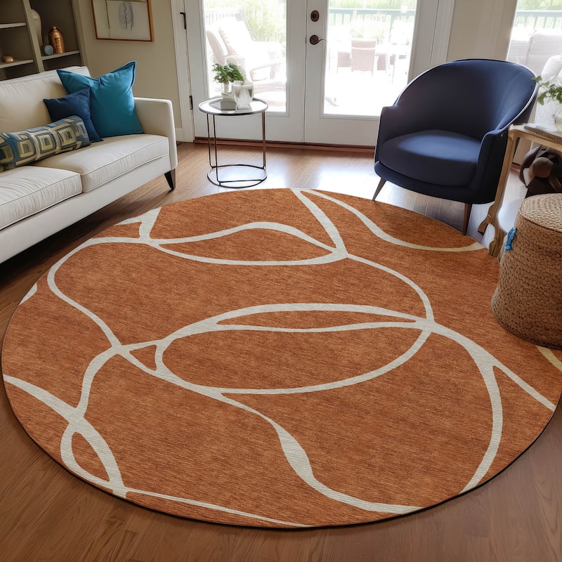 Machine Washable Indoor/ Outdoor Abstract Modern Chantille Rug - Paprika - 8' x 8'