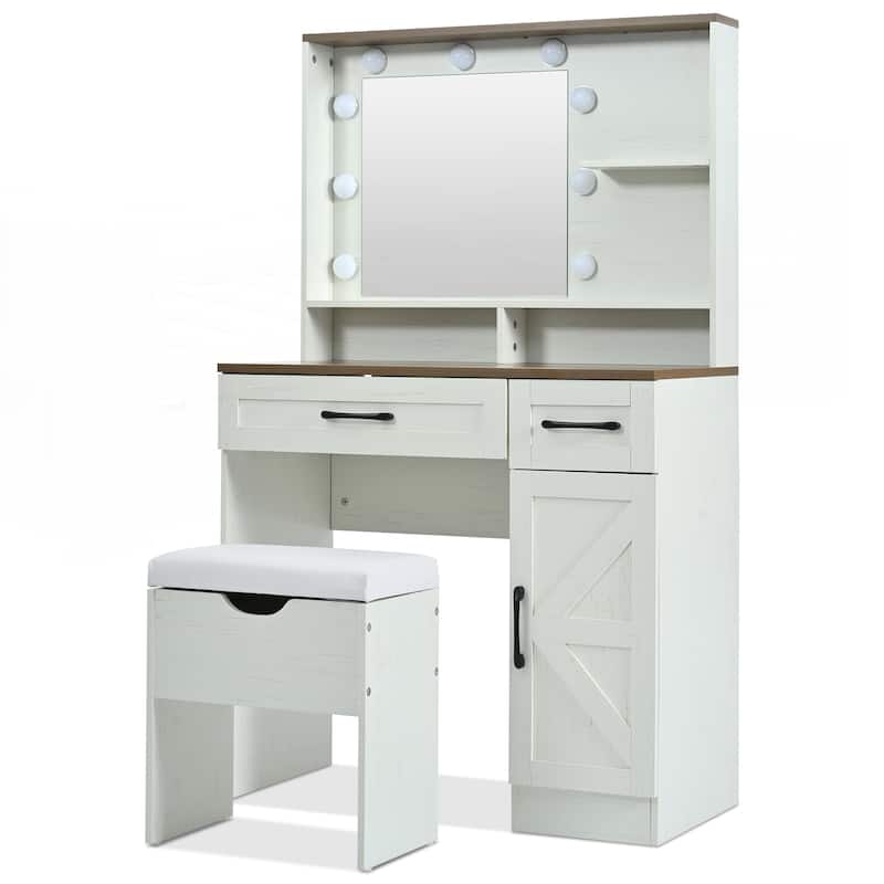 Farmhouse Makeup Vanity Desk with Mirror and Lights